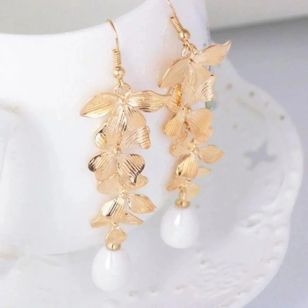 Gold Orchid Drop Flower and White Pearl Earrings